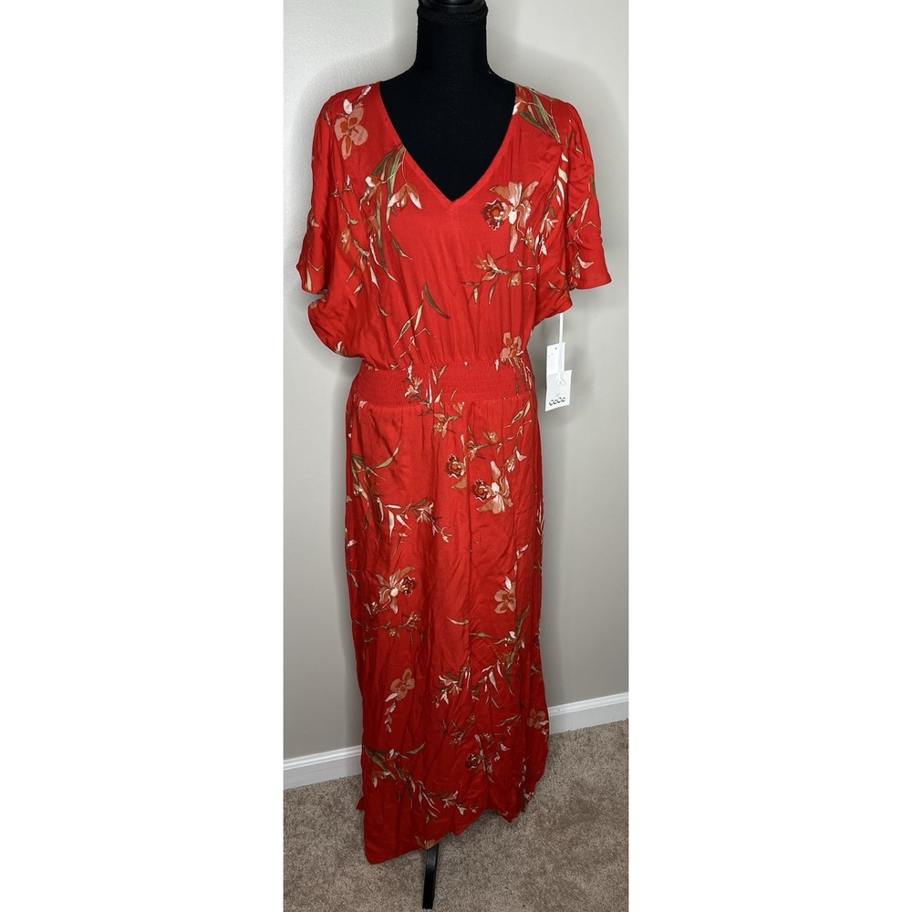 CeCe Women's Red V-Neck Smocked Waist Maxi Dress Size Small NWTs